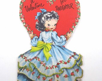 Vintage Children's Flocked Valentine Card with Cute Girl in Blue Dress with Red Heart and Flowers