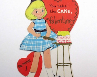 Vintage Children's Valentine Card with Cute Girl Decorating a Cake