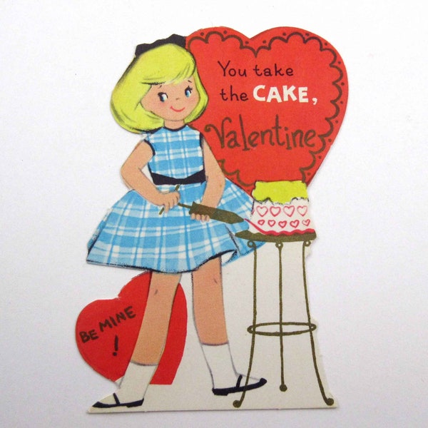 Vintage Children's Valentine Card with Cute Girl Decorating a Cake