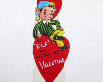 Vintage Children's Valentine Card with Little Elf Boy in Hat Sitting on Red Heart