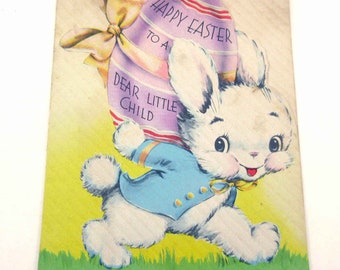 Vintage Easter Greeting Card with Cute Bunny Rabbit Carrying Egg