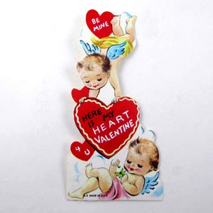 Vintage Unused Children&#39;s Valentine Card with Cupids and Hearts