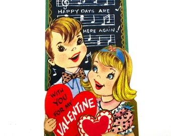 Vintage Children's Valentine Card with Boy and Girl Singing Music Notes