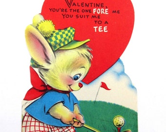 Vintage Children's Valentine Card with Rabbit Playing Golf Club Ball Golf Course Clothing