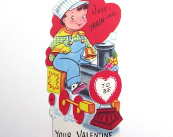 Vintage Valentine Card with Conductor Boy on Train Railroad