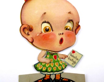 Vintage Children's Mechanical Valentine Card with Cute Girl with Big Head Holding Letter