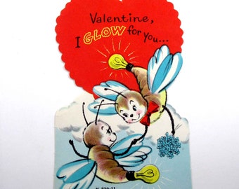 Vintage Unused Valentine Card with Two Cute Fireflies Firefly Glowbug Anthropomorphic