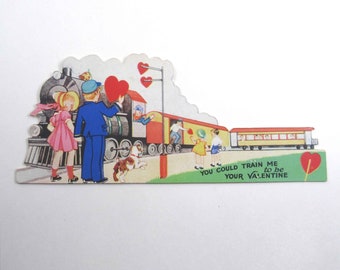 Vintage Children's Valentine Card withTrain Railroad Conductor Boy Girl Dog by Carrington