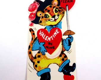 Vintage Unused Children's Valentine Card with Cute Pirate Tiger Leopard with Sword