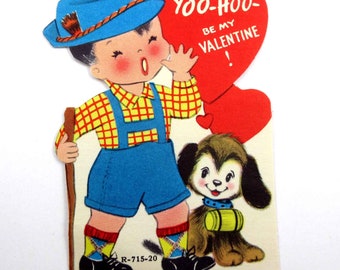 Vintage Children's Valentine Card with Swiss Boy and Puppy Dog Yodeling