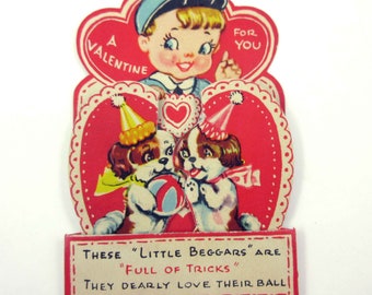 Vintage Children's Fold Out Valentine Card with Boy and Circus Dogs with Ball