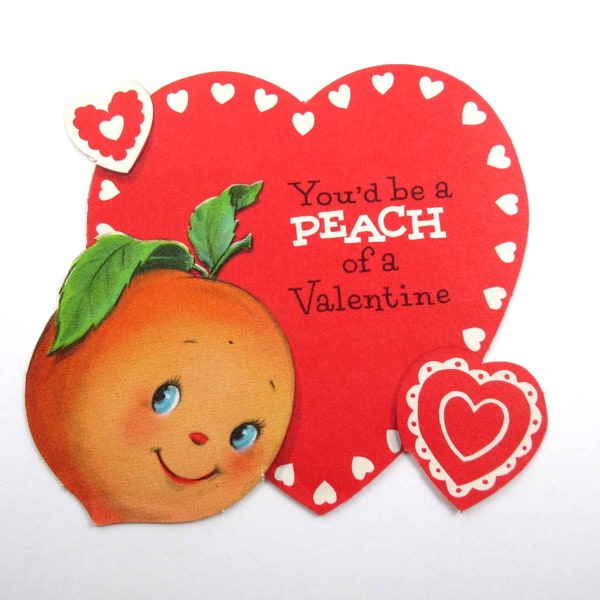 Vintage Unused Children's Valentine Card with Adorable Anthropomorphic Smiling Peach