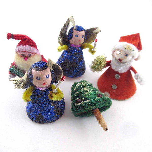 Vintage Christmas Spun Cotton and Foil Angels Chenille Santas Bottle Brush Tree Decorations West Germany Set of 5