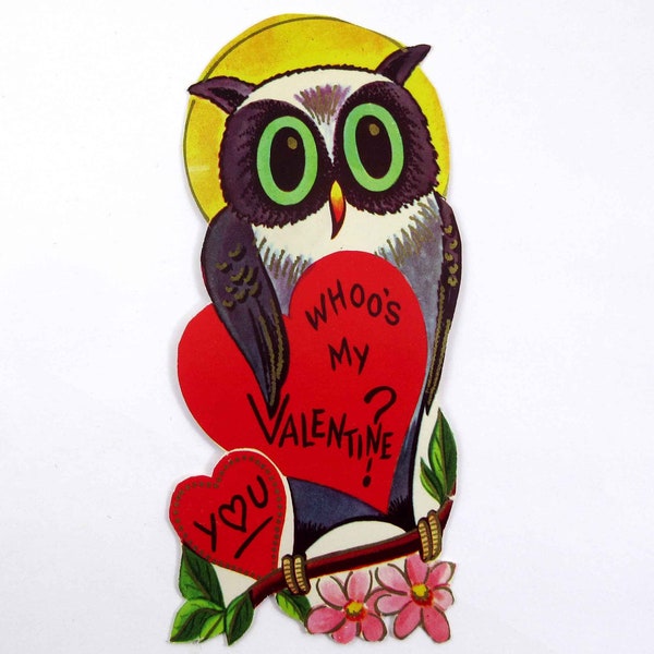 Vintage Children's Valentine Card with Owl on Tree Branch Moon