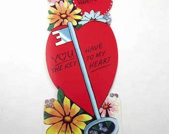 Vintage Children's Valentine Card with Skeleton Key Daisies and Heart