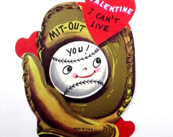 Vintage Unused Children's Valentine Card with Anthropomorphic Baseball Ball in Embossed Glove