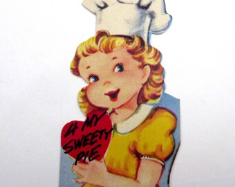 Vintage Unused Children's Valentine with Cute Blonde Girl in Chef Hat Holding Heart