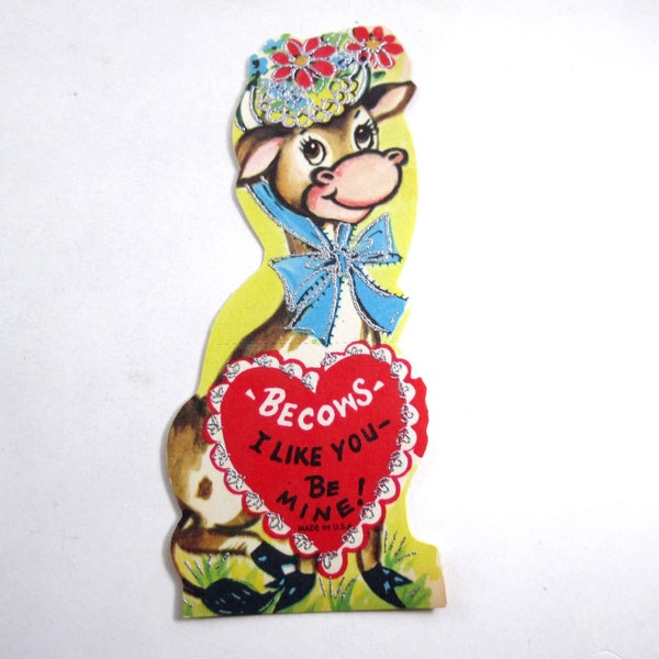 Vintage Unused Children's Valentine Card with Cute Cow in Hat