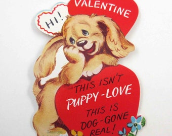 Vintage Unused Children's Novelty Valentine Card with Cute Brown Dog or Puppy Love