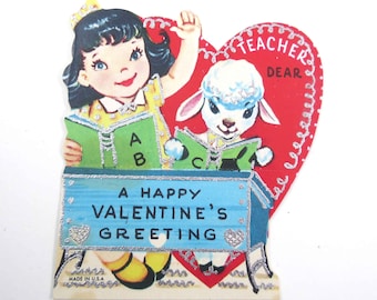 Vintage Unused Children's Silvered Valentine Card for Teacher with Cute Girl and Lamb Reading Books