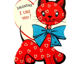 Vintage 1950s Children's Valentine Card with Cute Calico Red Cat with Hearts Blue Bow by Hallmark