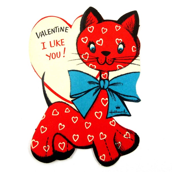 Vintage 1950s Children's Valentine Card with Cute Calico Red Cat with Hearts Blue Bow by Hallmark