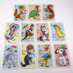 Vintage Adorable Animal Rummy Children&#39;s Playing Cards by Whitman Partial Set of 11