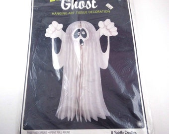 Vintage 1980s Beistle Die Cut Hanging Halloween Ghost Decoration with Honeycomb Art Tissue