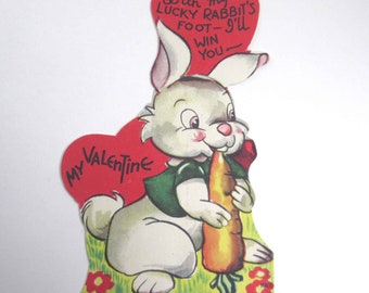 Vintage Children's Valentine Card with Cute Bunny Rabbit and Carrot