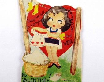 Vintage Children's Valentine Card with Cute Girl Hanging Laundry on Clothesline Basket