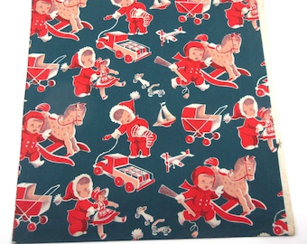 Vintage Christmas Wrapping Paper or Gift Wrap Cute Children Toys Airplane Horse Skates Doll Wagon