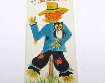 Vintage Halloween Party Invitation Card with Jack O Lantern Scarecrow and Owl by Hallmark