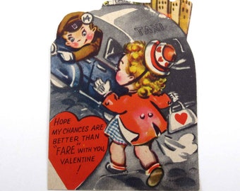 Vintage Unused Children's Valentine Card with Cute Boy Taxi Driver and Girl City