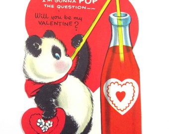 Vintage Unused Valentine Card with Panda Bear Drinking Soda Pop with Straw