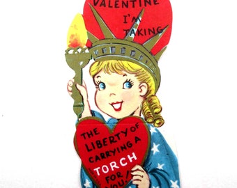 Vintage Unused Children's Valentine Card with Statue of Liberty Girl