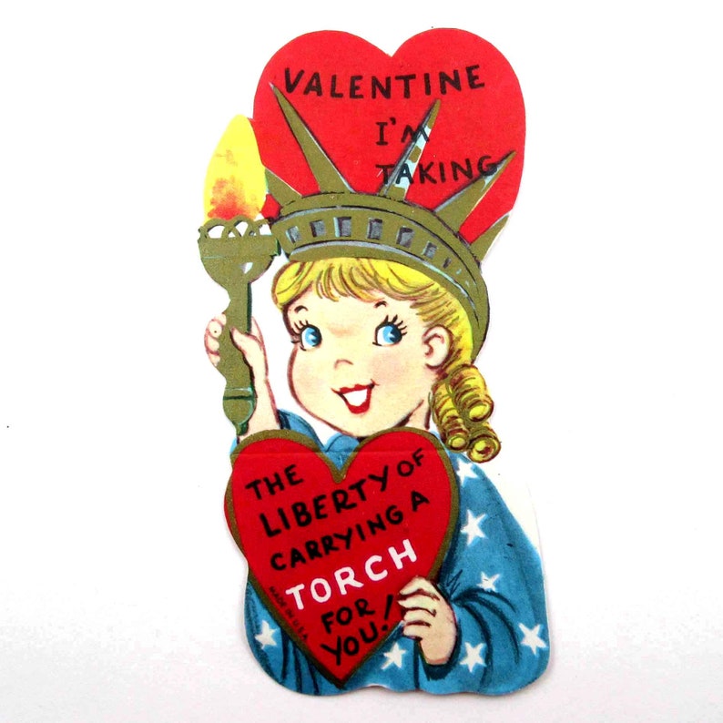 Vintage Unused Children's Valentine Card with Statue of Liberty Girl Bild 1