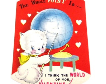 Vintage Children's Valentine Card with Cute White and Grey Cat and Globe