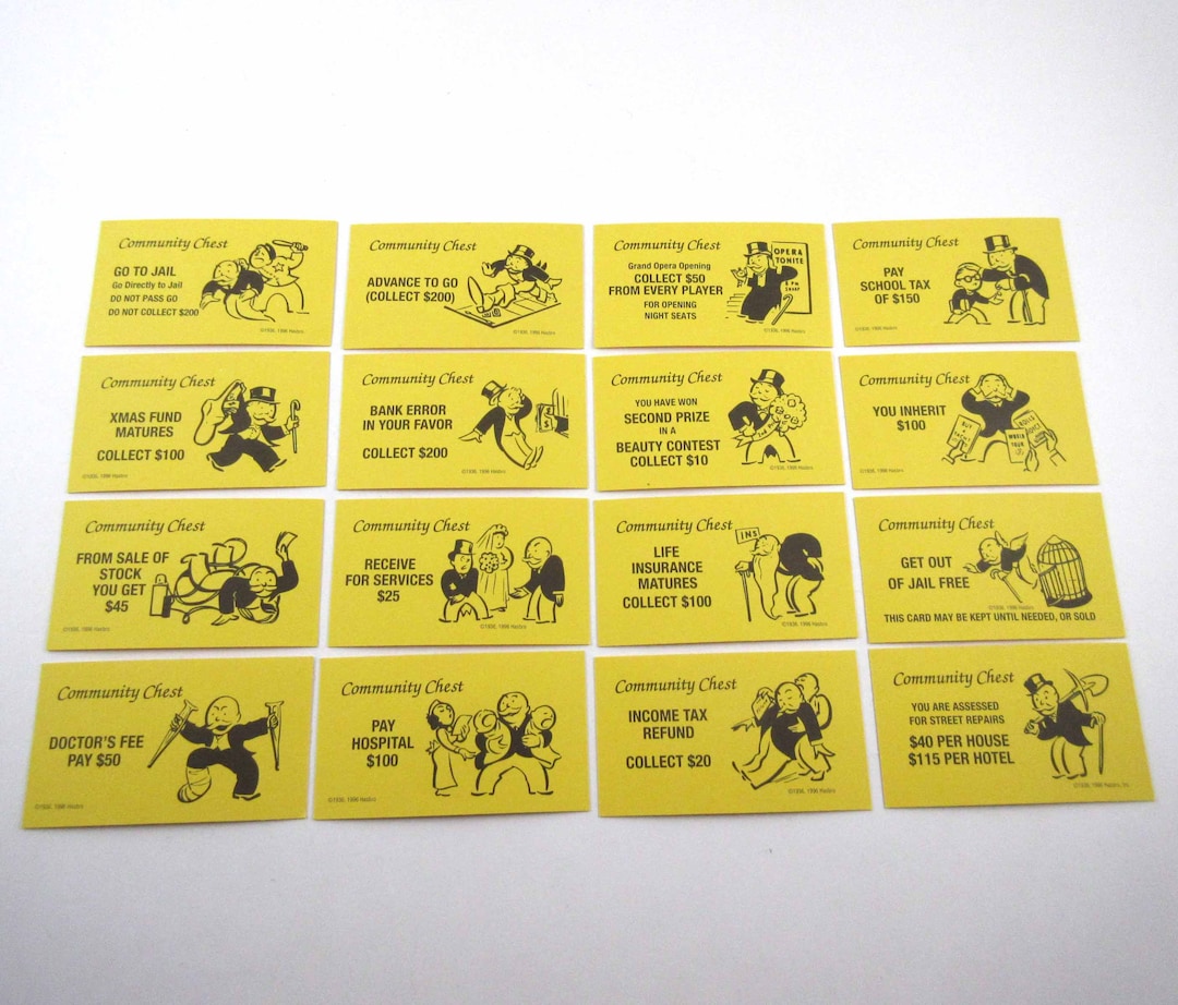 Vintage Monopoly Community Chest Game Card Pieces Set of 16 Etsy