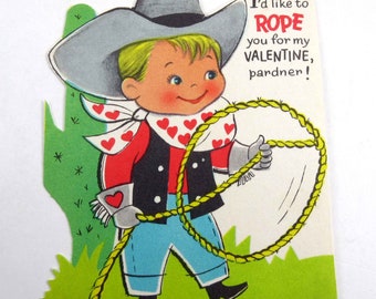 Vintage Unused Children's Valentine Card with Cowboy in Hat With Rope Lasso