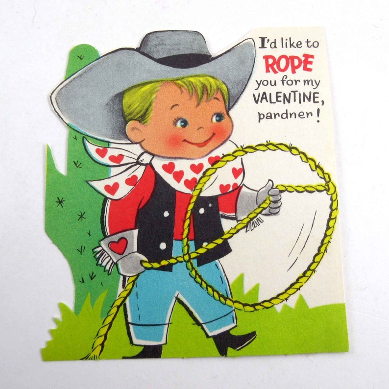 Vintage Unused Children's Valentine Card with Cowboy in Hat With Rope Lasso image 1