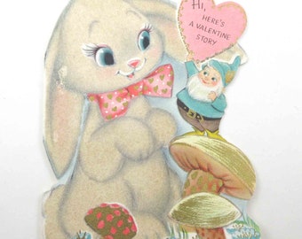 Vintage Children's Flocked Valentine Card with Cute Rabbit or Bunny Elf Mushrooms by Hallmark