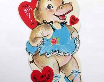 Vintage Unused Children's Valentine Card with Ballerina Hippo or Hippopotamus Dancing in Blue Tutu and Balley Shoes