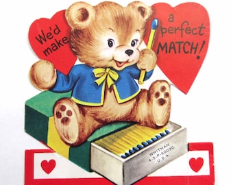 Vintage Children's Valentine Card with Bear on Box of Matches by Whitman
