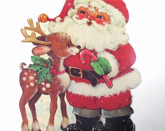 Vintage Large Christmas Die Cut Santa Claus with Deer Reindeer Candy Cane by Carrington