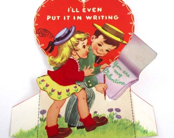 Vintage Children's Flocked Valentine Card with Cute Boy and Girl with Diary