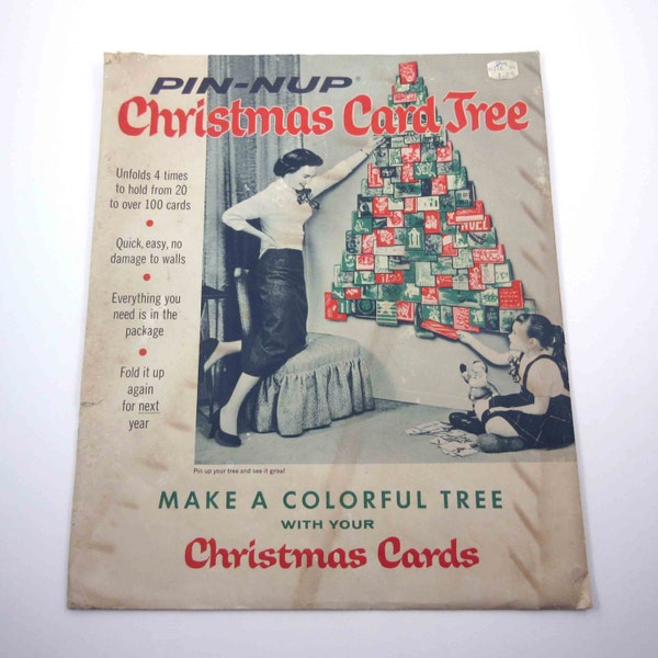 Vintage des années 1950 Pin Nup Christmas Greeting Card arbre titulaire dans l'enveloppe d'origine