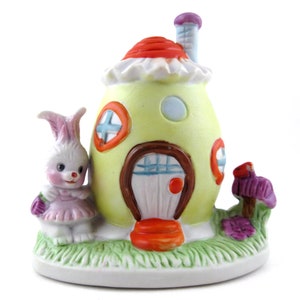 Vintage 1970s Ceramic or Porcelain Easter Bunny Rabbit and Egg House by Russ Berrie