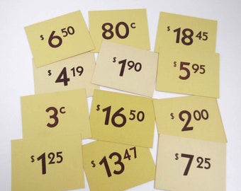 Vintage Store Price Tags Yellow with Brown Numbers Set of 12 Lot A