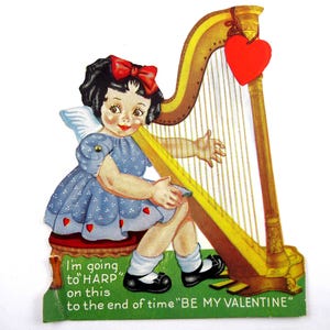 Carte de Saint-Valentin mécanique vintage pour enfants avec une jolie fille ange jouant de la harpe
