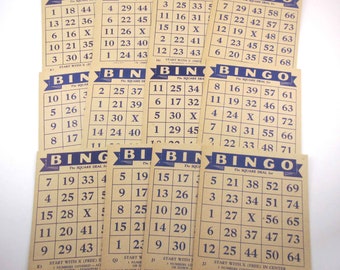 Vintage 1930s Blue and Tan Bingo Cards by Selchow & Righter Set of 12